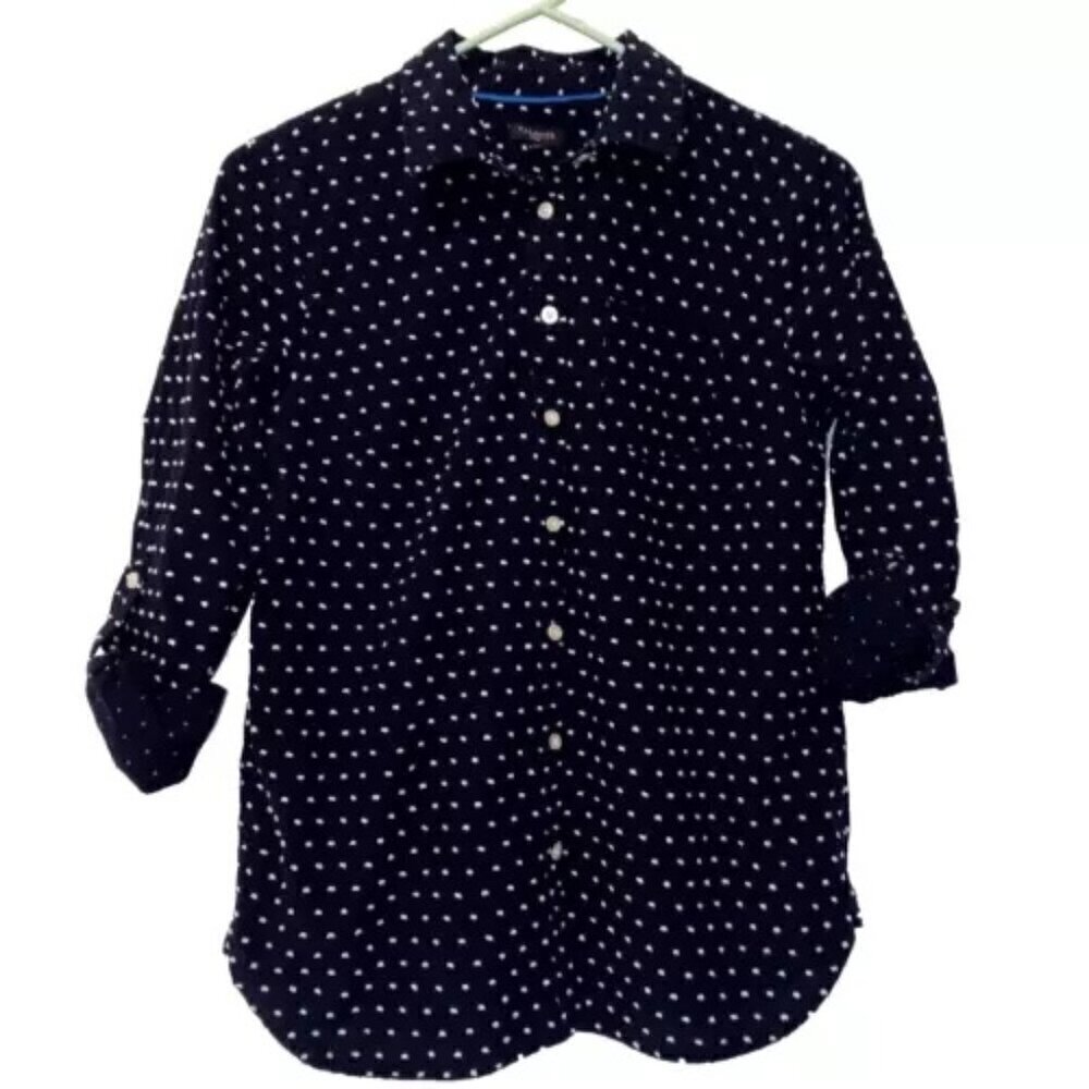 Talbots Ladies Raised Polka Dot Button‎ Up Blouse Navy/White Size 8P EUC
